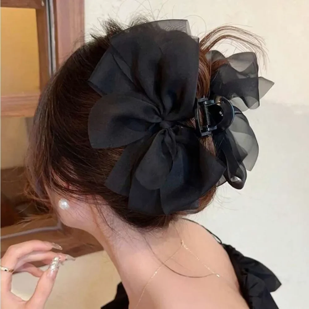 Black Floral Bow Hair Clip N1459